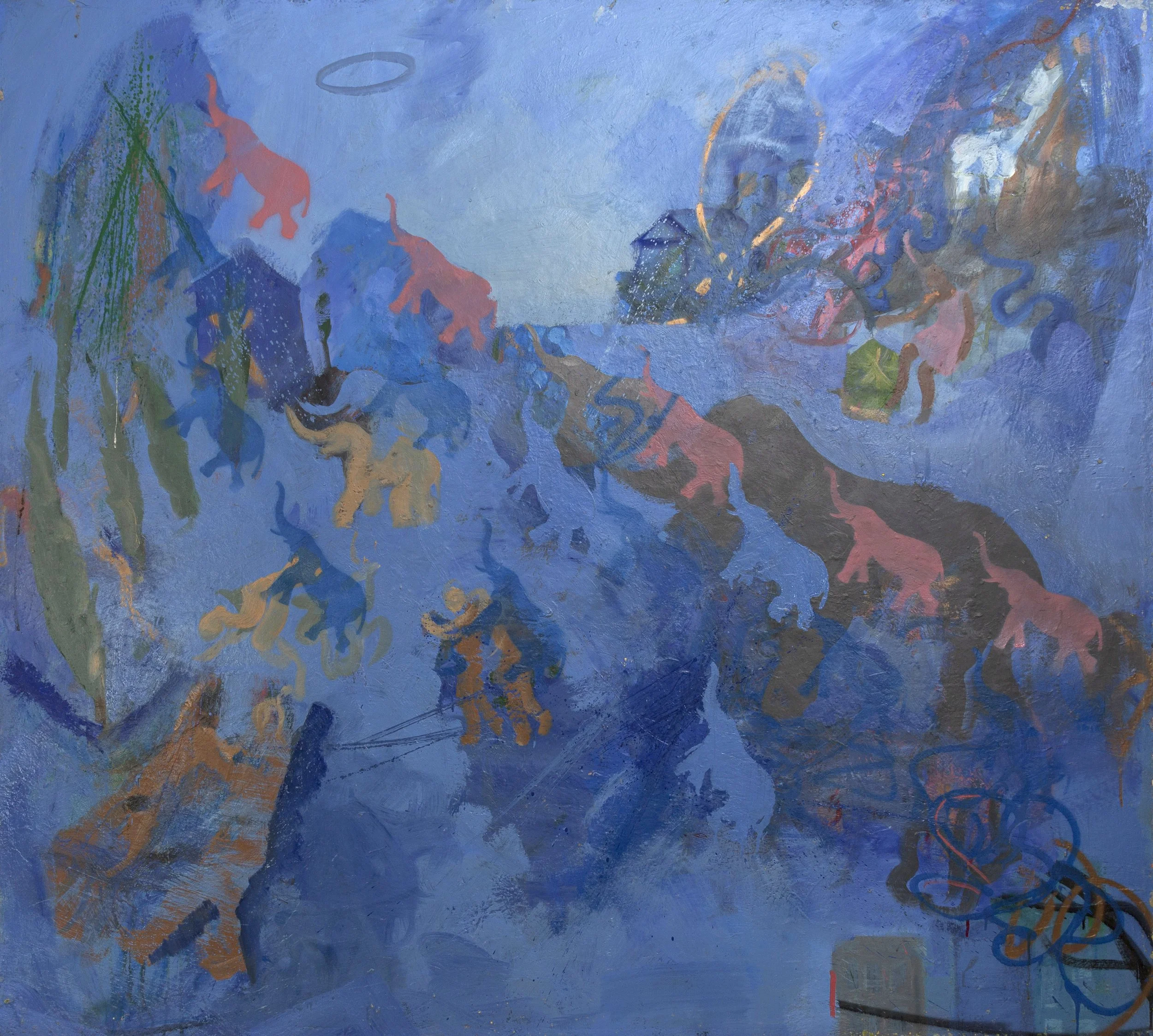 Untitled 242 - Elephants in Blue Landscape, Oil on canvas (or board), Estate Collection