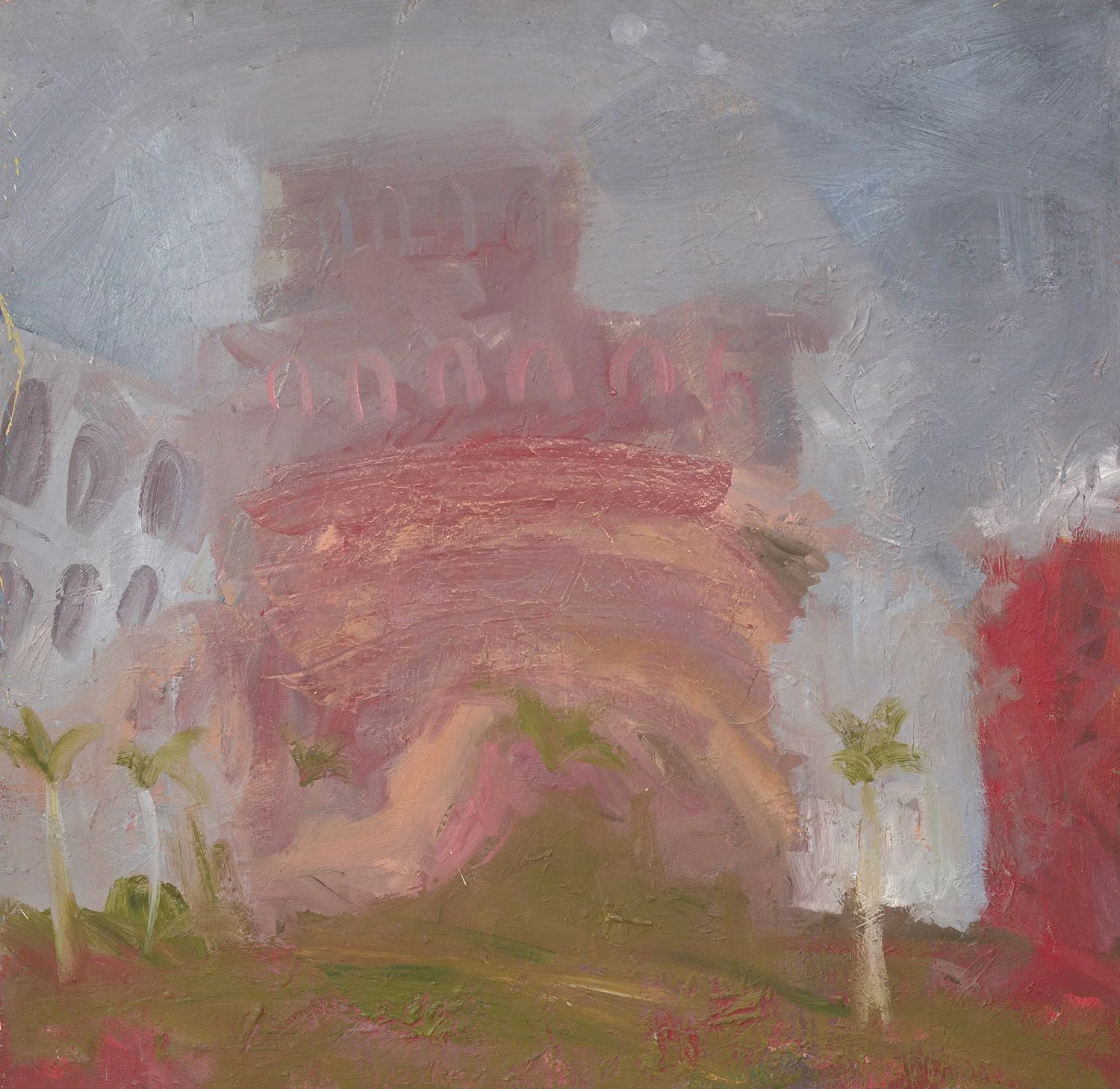 Untitled 177 - Pink Citadel with Palm Trees, Oil on board, Estate Collection