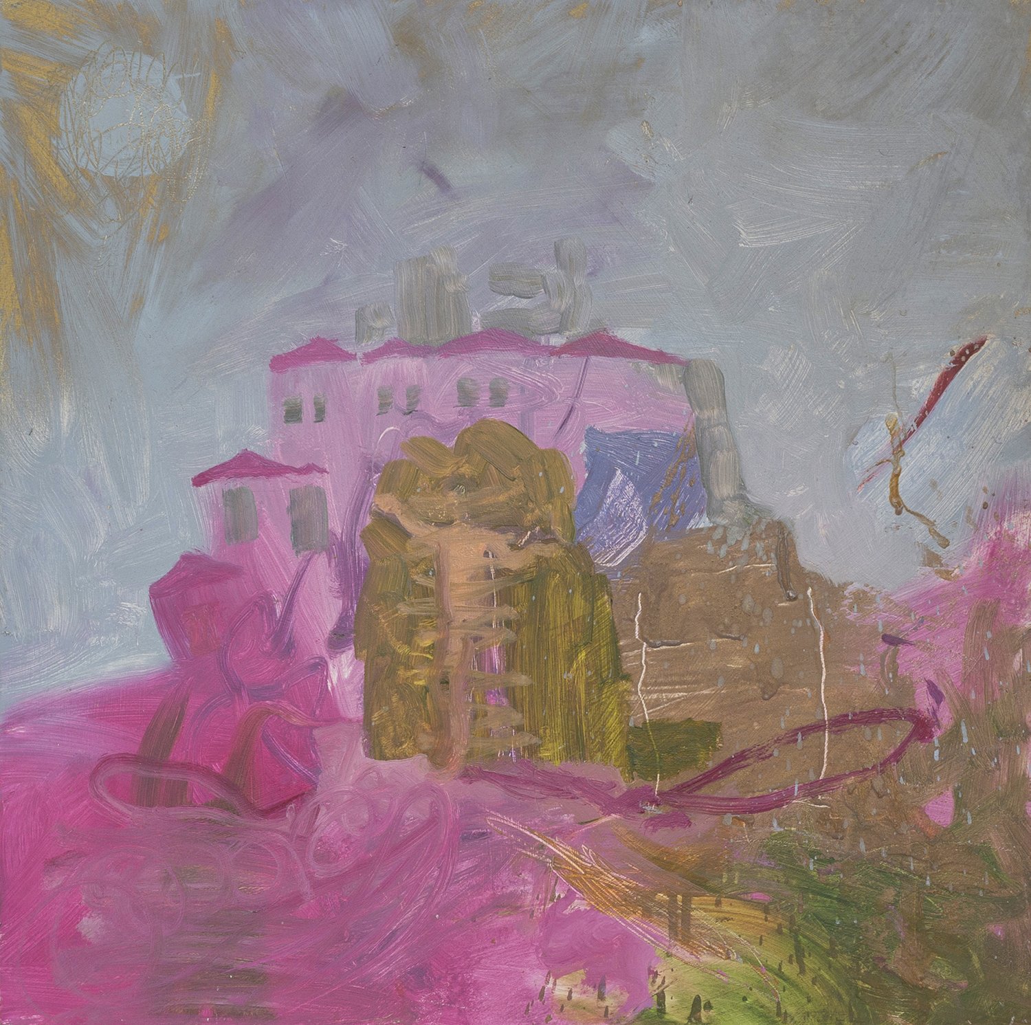 Untitled 087 - Pink Buildings in Landscape, Oil on board, Estate Collection