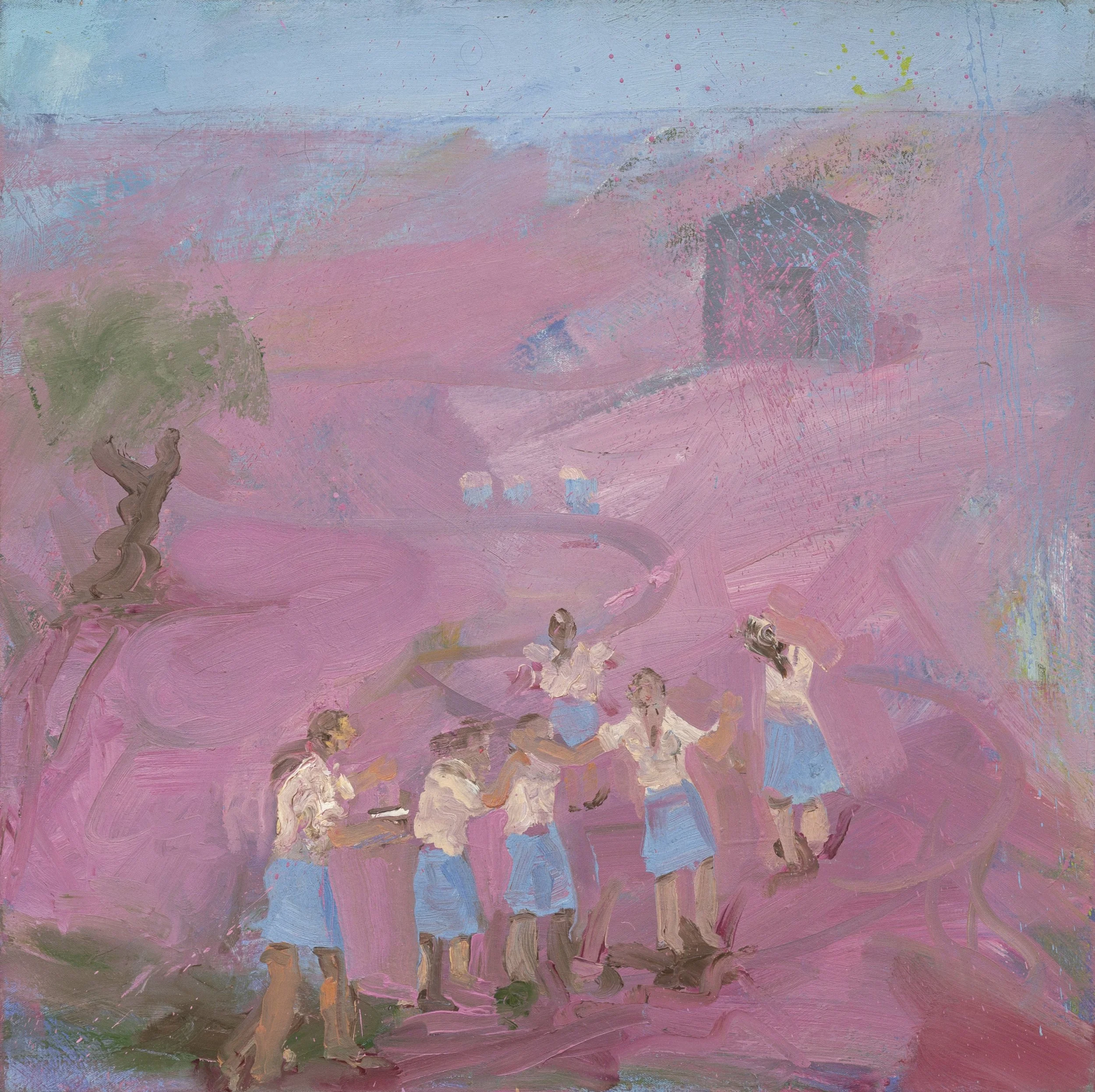 Untitled 159 - Figures in Pink Landscape, Oil on board, Estate Collection