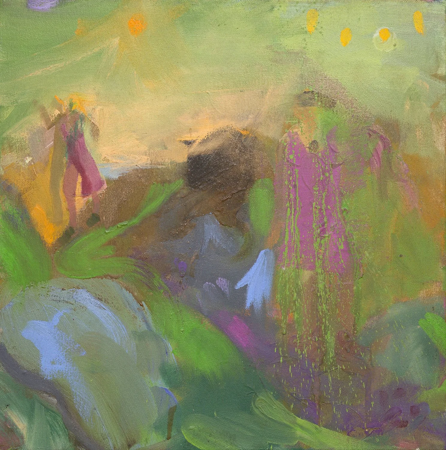 Untitled 185 - Standing Figures in Green and Yellow, Oil on canvas, Estate Collection