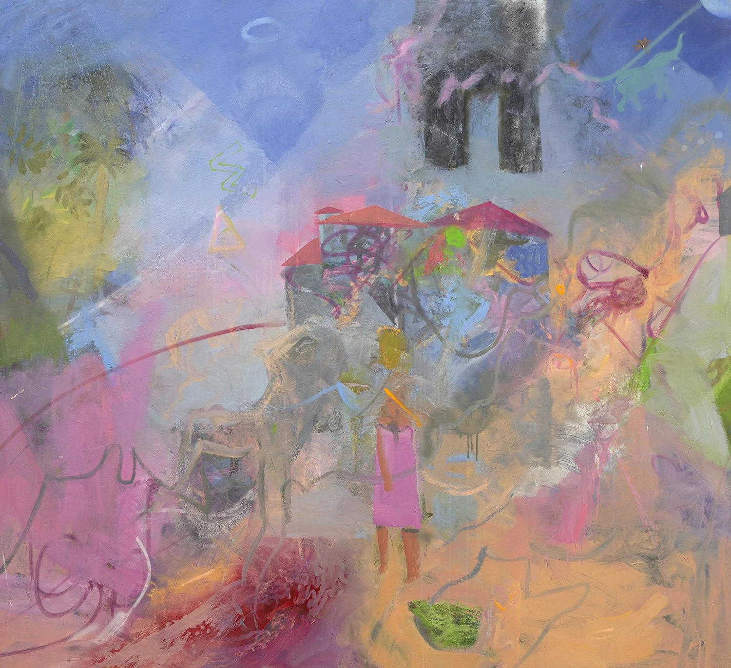 Untitled 184 - Clustered Structures with Figures, Oil on canvas (or board), Estate Collection
