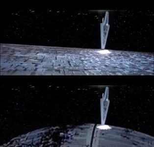 Images comparing destruction of the Super Star Destroyer Executor after colliding with 900km DS2 ( Return of the Jedi ) vs 160km DS2. Source of 160km DS2 image cited at the end of the article.