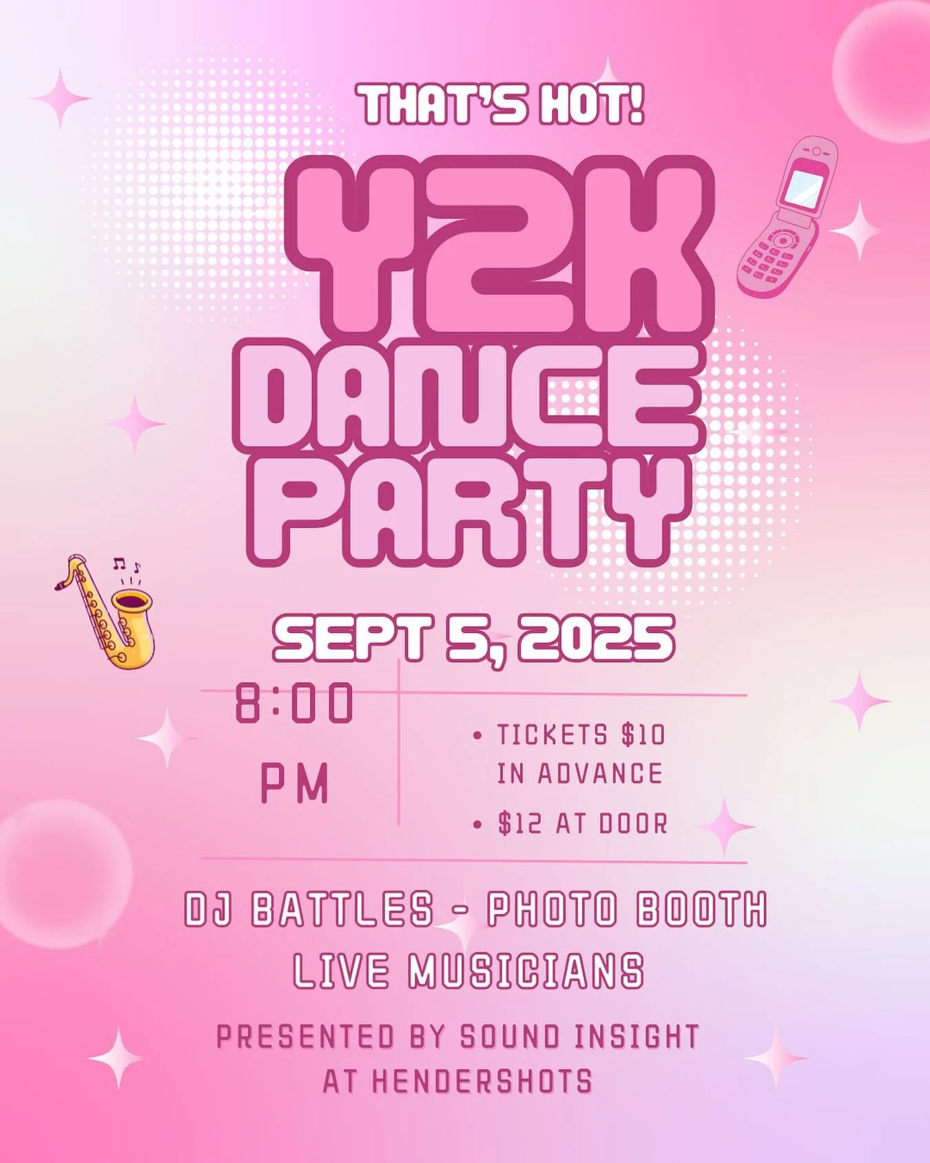 🚨 ICYMI: we&rsquo;re throwing a Y2K themed dance party next Friday September 5th @hendershots_ !! 🔥 

DJ battles. Live drums and sax. Photo Booth. Maybe some other surprises? 🤫 

Link in bio for presale tickets and more info!! 🎊