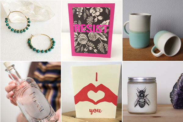 Earrings by S is for Sparkle | RESIST card by Hello Sisters | ceramics by Alexandra Barao Bernal decanter by Reclamation Etchworks | love card by Coffee n Cream | bee candle by Glint
