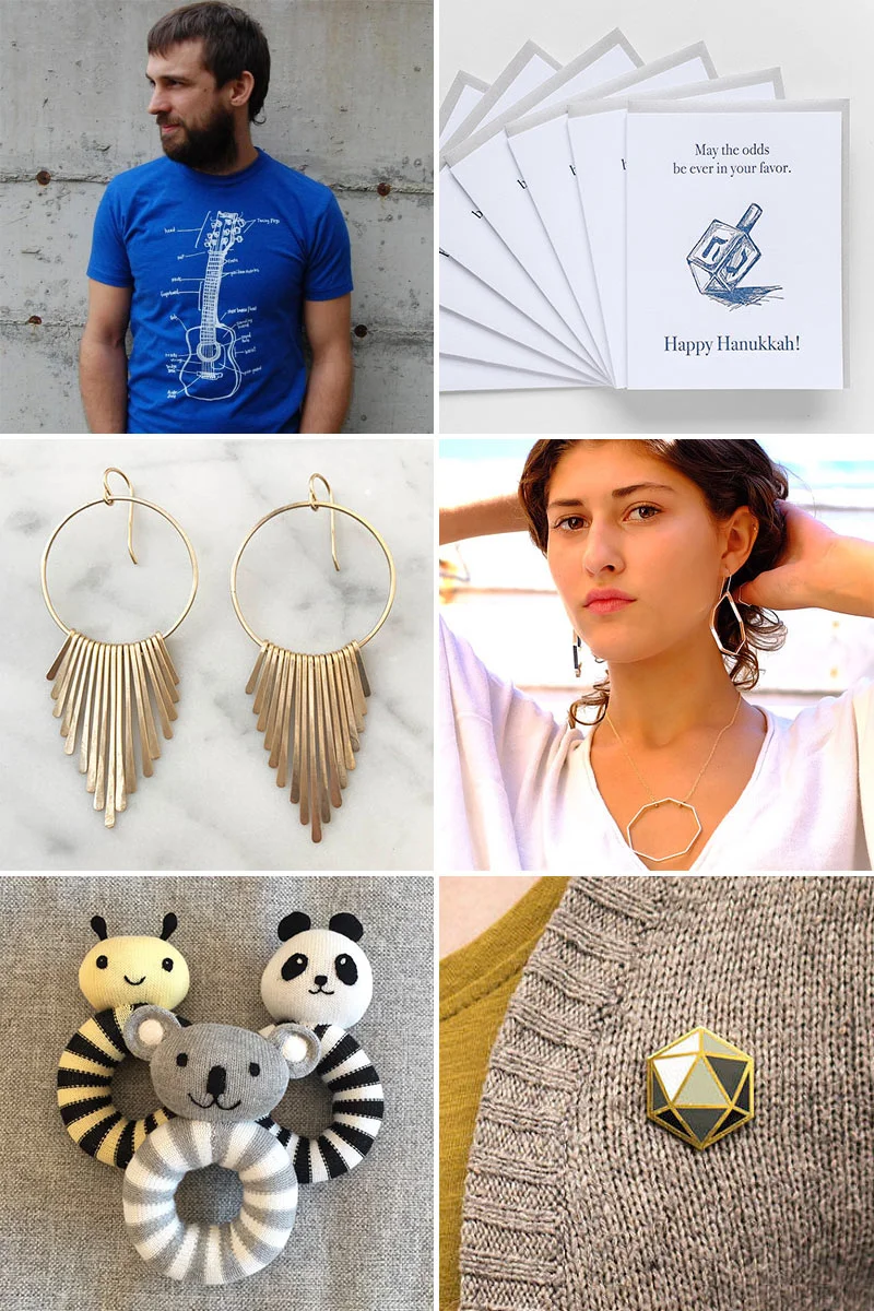 T-shirt by Slow Loris, cards by Good Juju Ink Earrings by Diana O'Connor, jewelry by Swing Baby rattles by Eden & Zoe, enamel pin by Shannon May