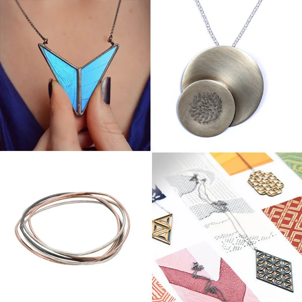 Butterfly wing necklace by Hart Variations, sculptural necklace by Rebecca Fox Interlocking bangle bracelet by Colleen Mauer, pendants by Molly M