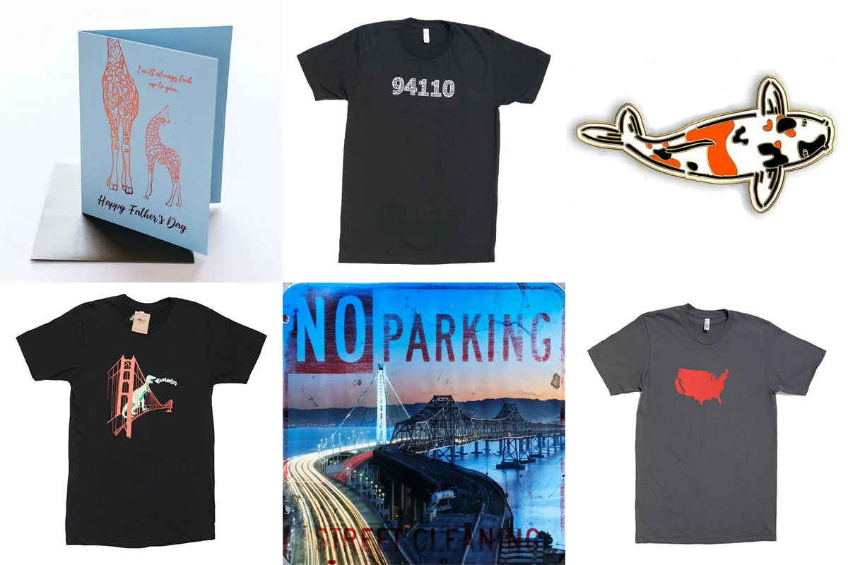 Good Juju Ink card, 94110 t-shirt , Jeremy Novy enamel pin Animal Instincts t-shirt , Scott Fin art , Mission Thread t-shirt