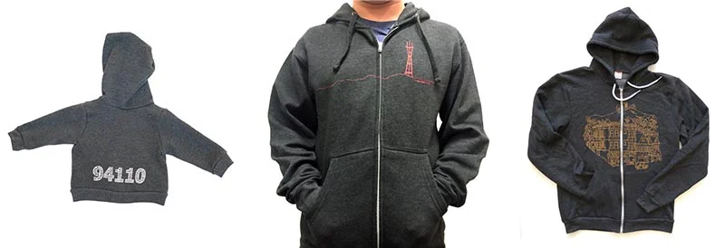 94110 baby hoodie by Five Digit Designs, Sutro tower men's hoodie by New Skool, Bernal Heights hoodie by Amos Goldbaum
