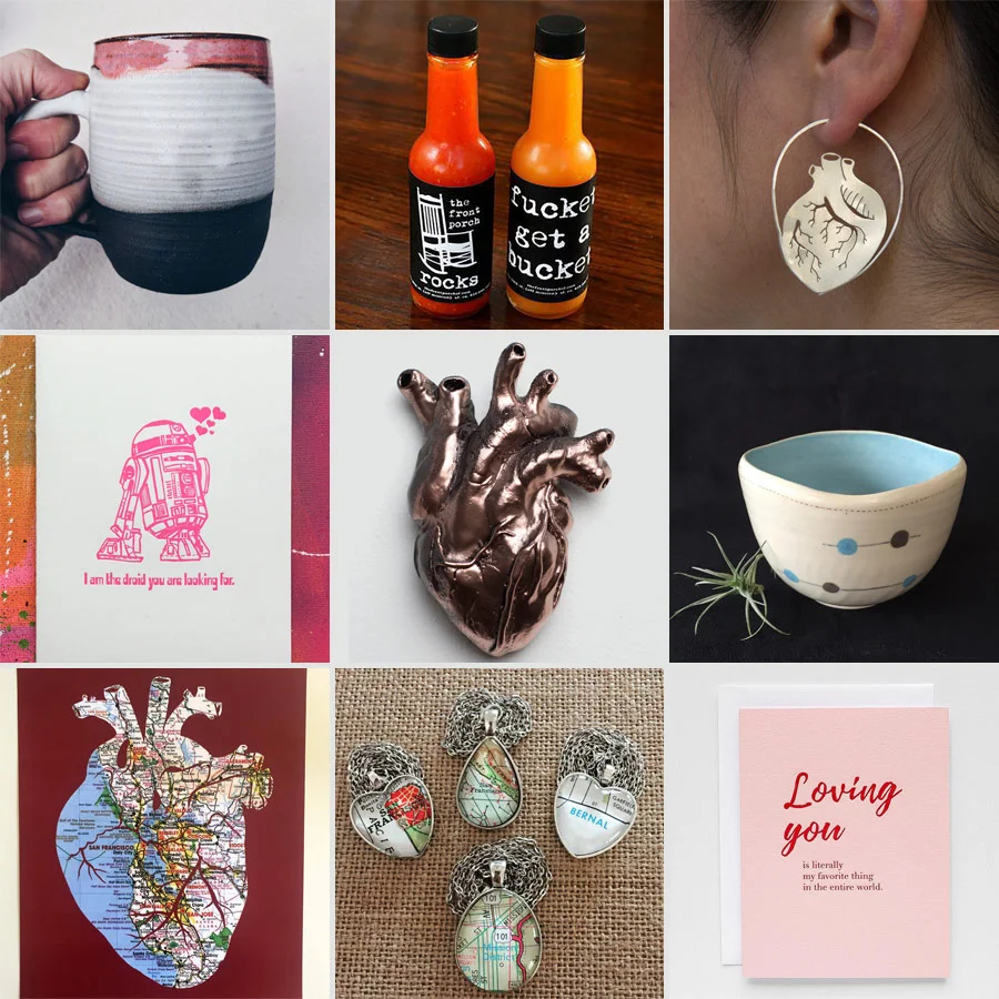 Mug by Erin Hupp Ceramics, hot sauce by The Front Porch, earrings by Luana Coonen Card by Coffee n Cream Press, resin heart by Shane Izykowski, cup by Tomoko Ceramics Heart by Granny Panty Designs, pendants by The Weekend Store, Card by Good Juju Ink