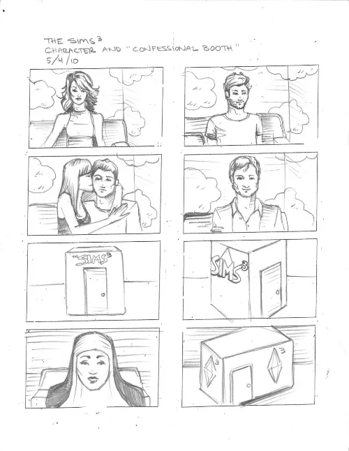 ea SIMS 3.&nbsp; production storyboards. Pencil on paper.