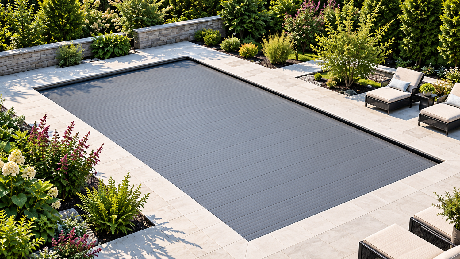 Backyard swimming pool with automatic cover
