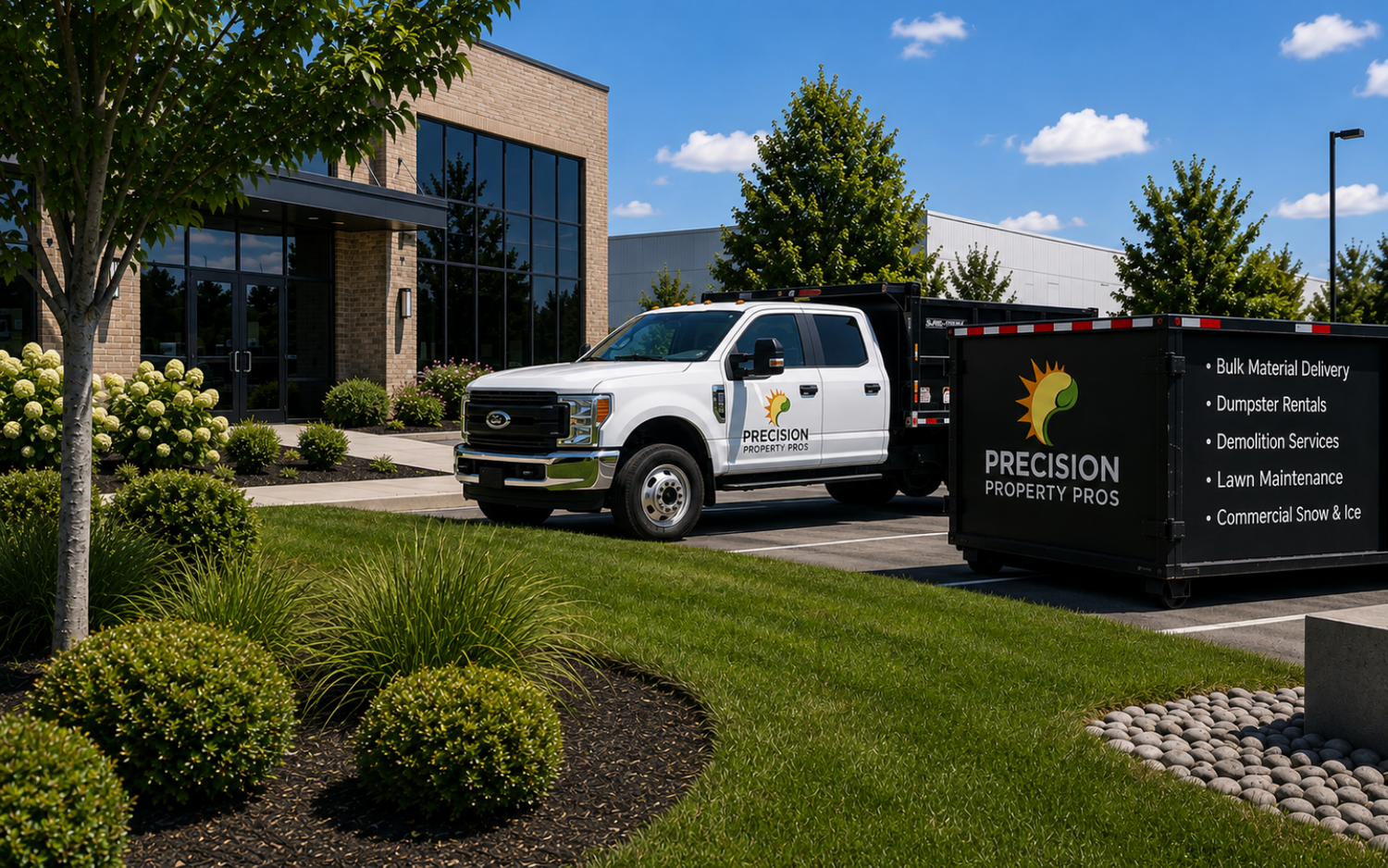 Precision Property Pros truck and dumpster at a commercial property