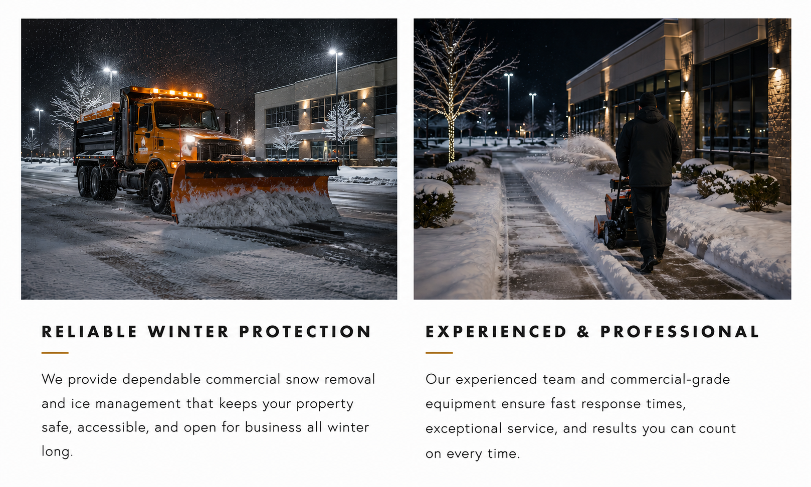 Commercial snow removal services including parking lot snow plowing, sidewalk clearing, and ice management for commercial properties throughout Chicagoland.