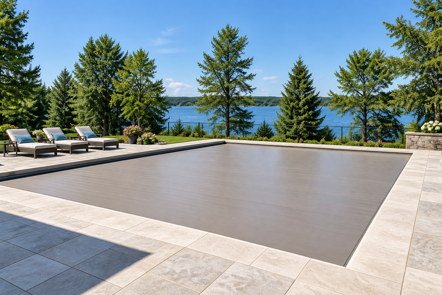 Automatic pool cover overlooking a lake