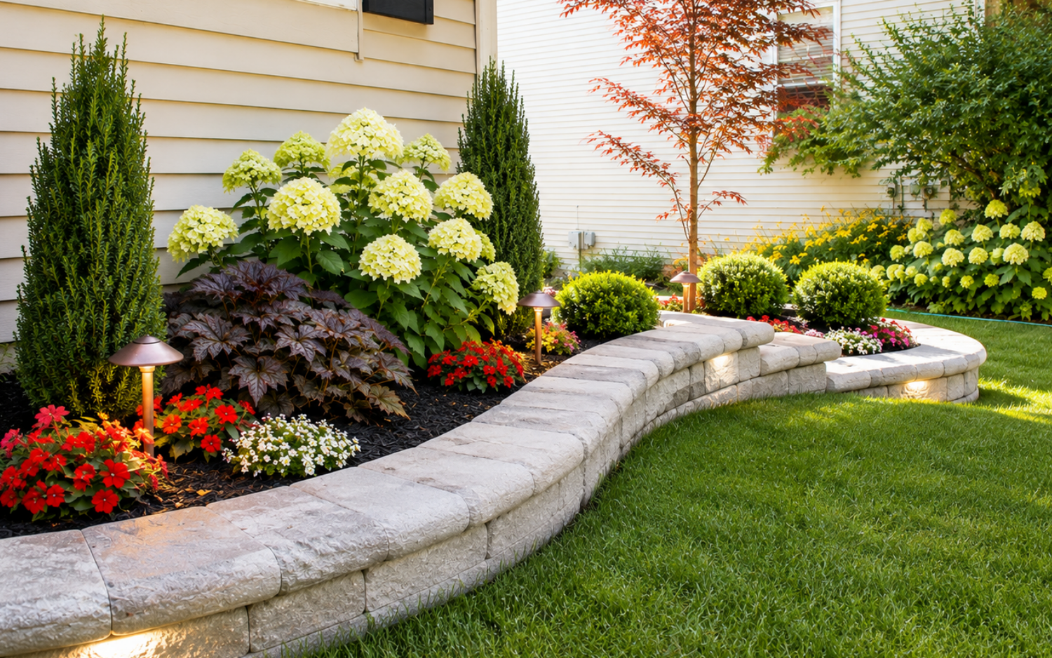 Professionally installed garden beds, plantings and landscape wall