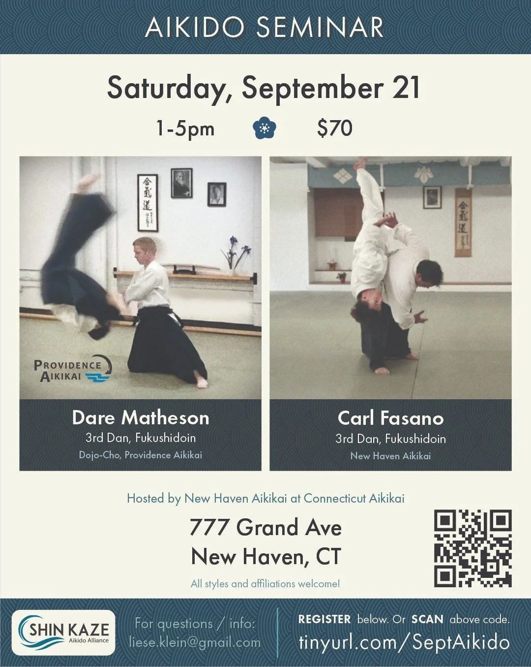 Please join us Saturday, September 21 for an afternoon of Aikido in New Haven, Connecticut. 

Registration link and info on the flyer.

Thank you, and hope to see you there!

#aikido #aikidoseminar