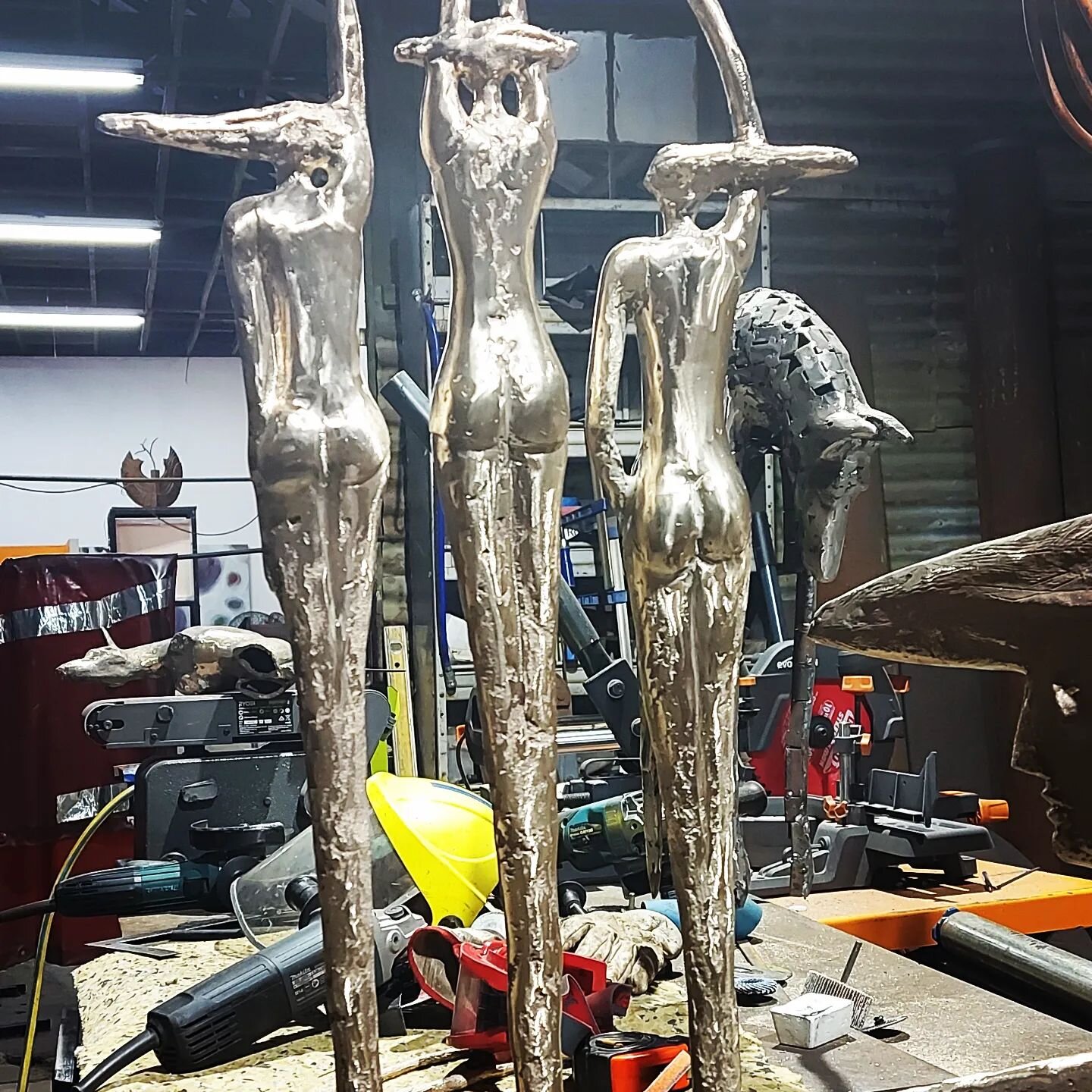 The bathers being cleaned and polished before patina  is applied, commissions welcomed. #commissioned #bespokedesign #bronzesculptures #swimmers #interiordesign #bathers  #insitu #studio #indesign #abode