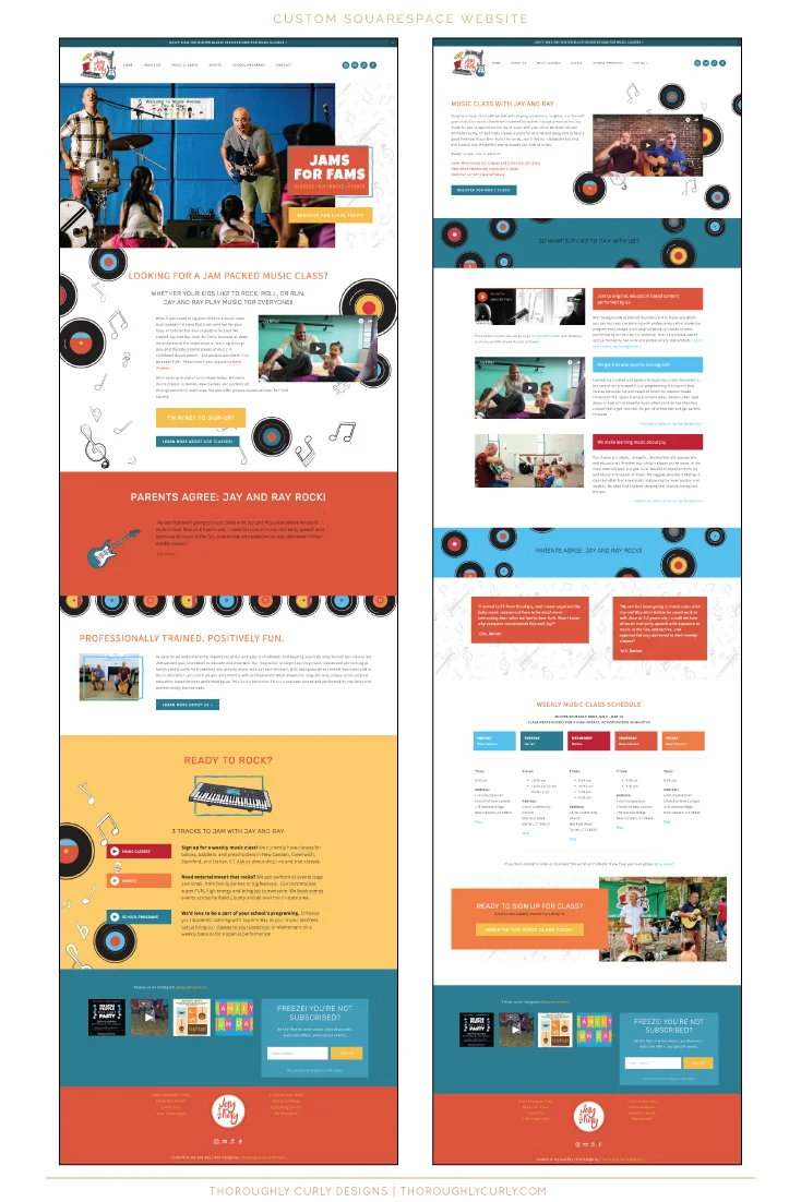 Custom Squarespace Website design using fun and colorful  illustrations, signature patterns and graphics for a polished yet fun and engaging look. Branding package also included social media/Instagram graphics, Mailchimp Template, Facebook Cove…