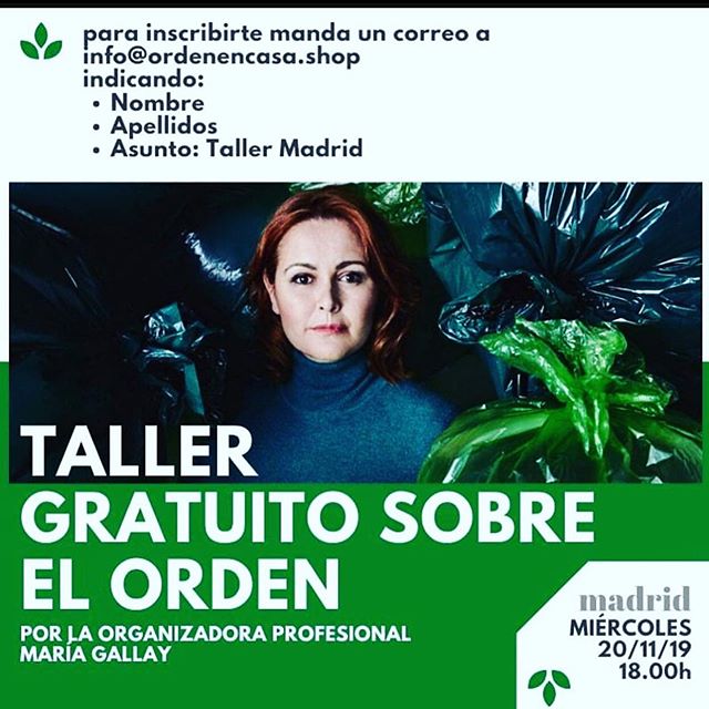 TALLER GRATUITO - MADRID
*Orden en el armario, cambio de temporada*
🕕 Mi&eacute;rcoles, 20 de noviembre a las 18.00h
🚩 Tienda Orden en casa, de Madrid (calle Hermosilla 43) 📧Inscr&iacute;bete mandando un correo a info@ordenencasa.shop indicando:
N