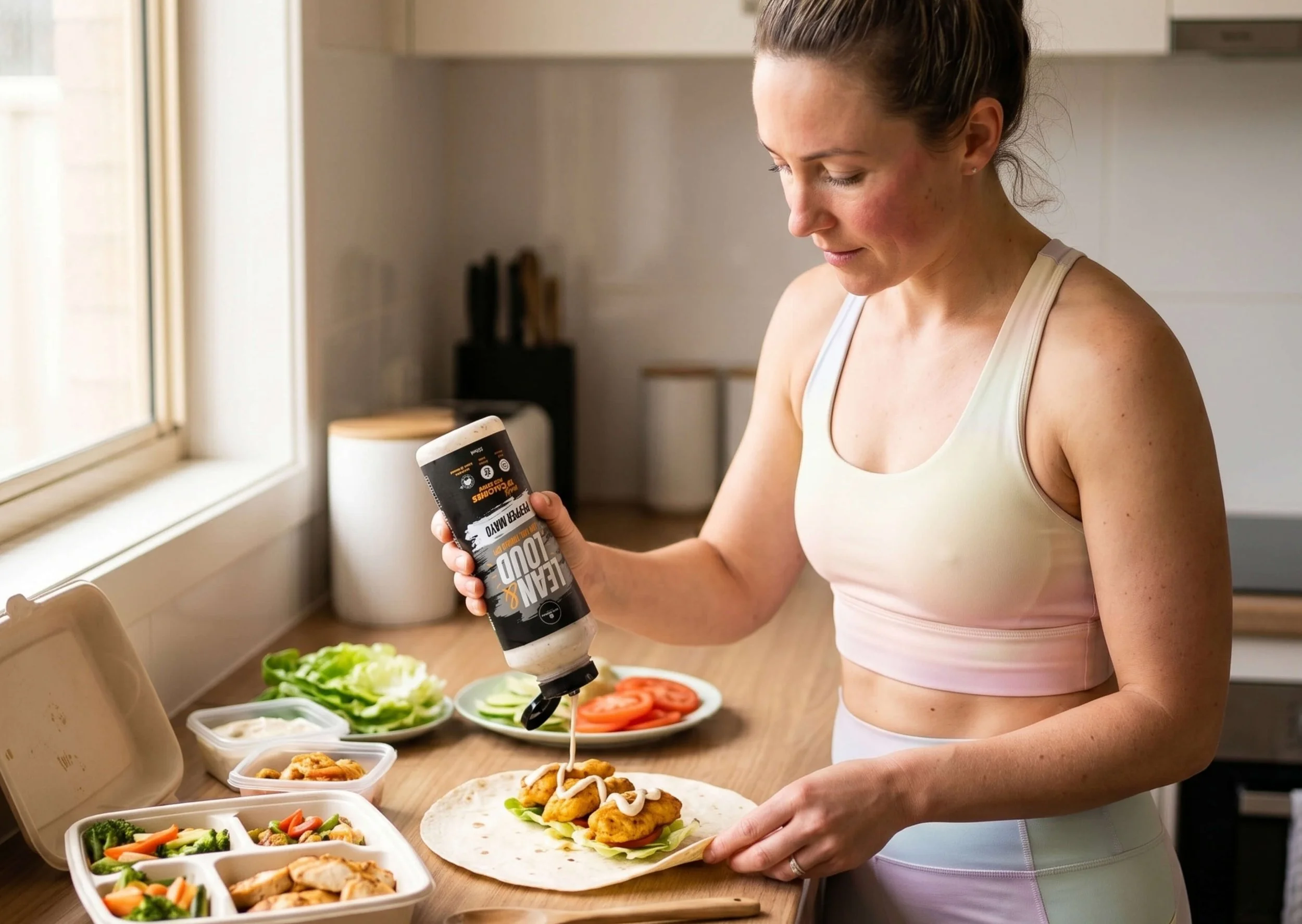 Woman preparing a chicken wrap at home with Lean & Loud Pepper Mayo, 19 cal per serve, alongside meal prep containers.