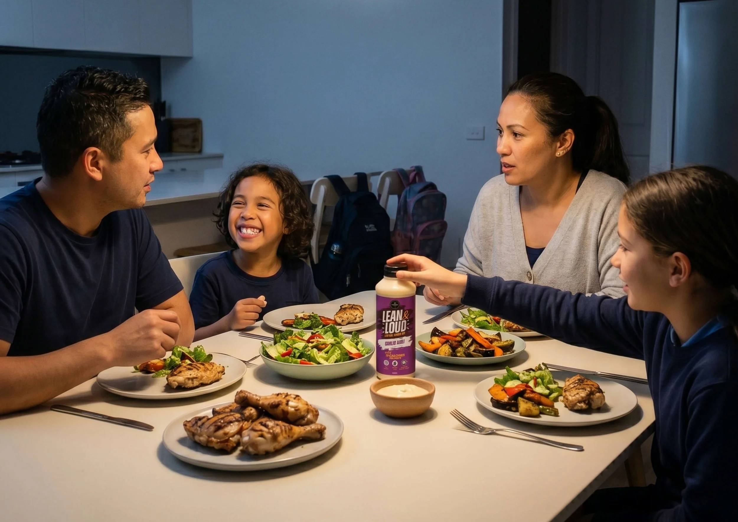 Australian family of four eating dinner together with Lean & Loud Garlic Aioli, 19 cal per serve, on the kitchen table.