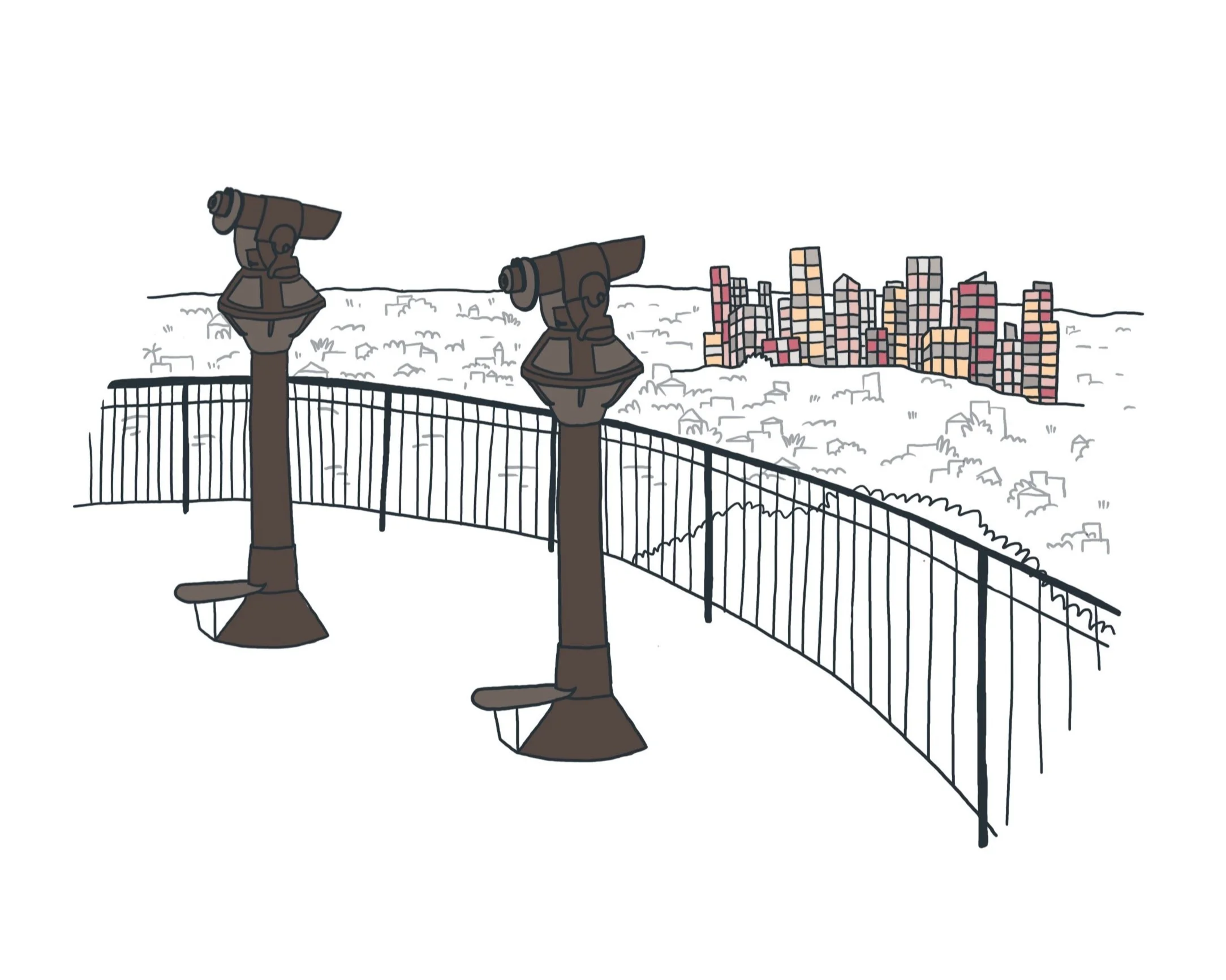 Illustration of Mount Cootha look out. bonocular views look out over the city with the city scape of buildings in the distance.