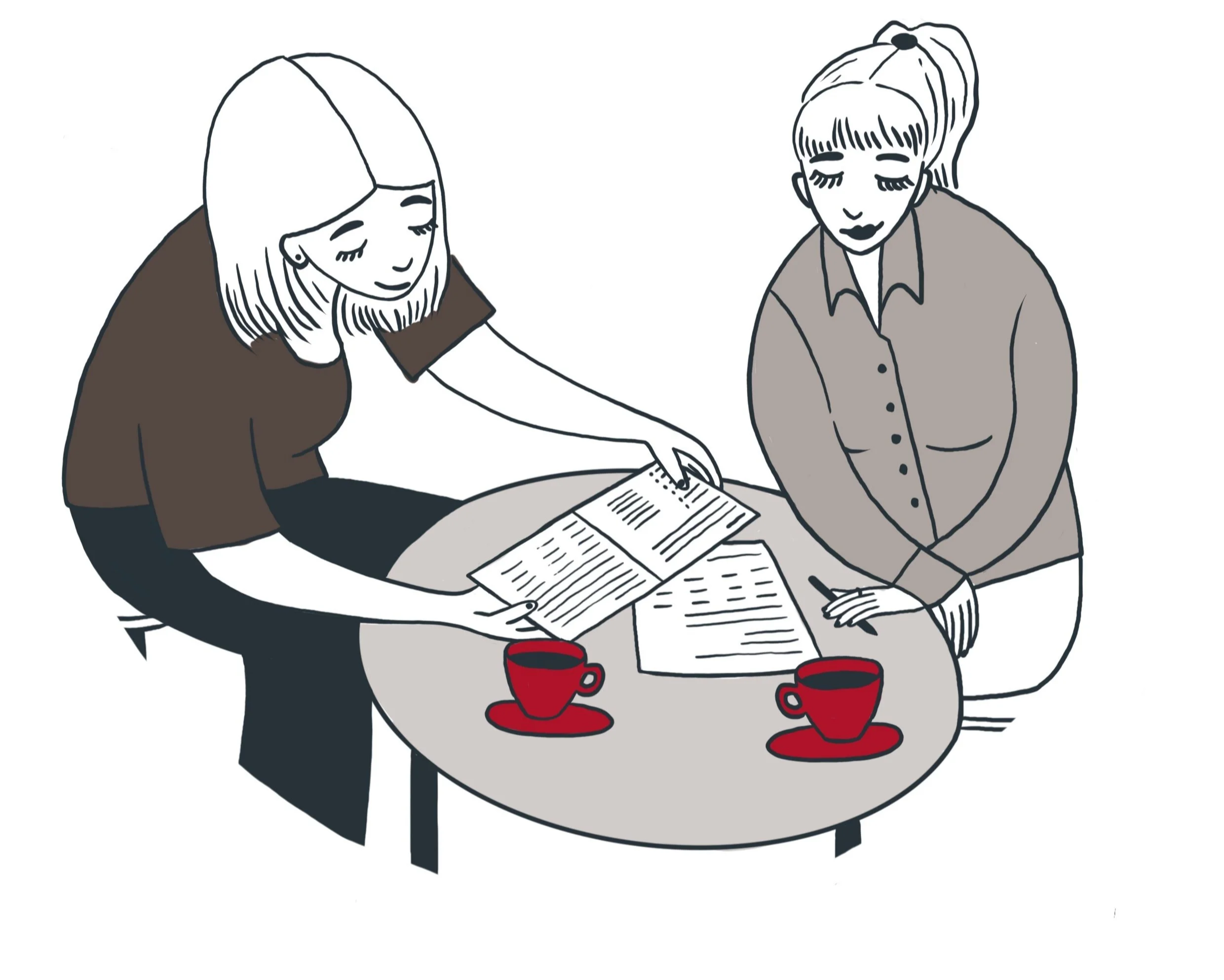 Two women sitting at a table with a coffee each and leaning over as if in conversation and reading 2 documents