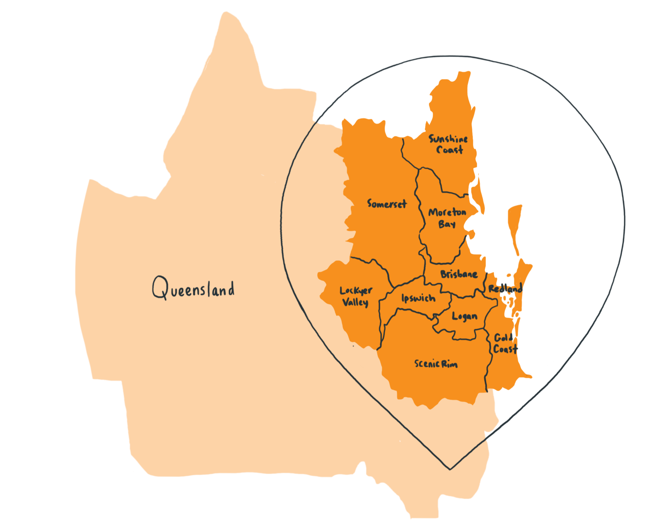 Illustration of the map of Queensland with a location icon showing a zoomed in outline of south east queensland