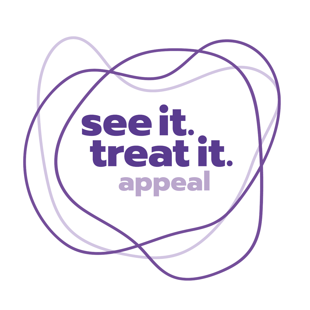 Purple and white outlined abstract heart shape surrounding the words "see it. treat it. appeal" on a black background.
