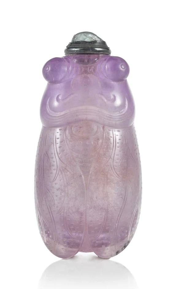 A Carved Amethyst Cicada Snuff Bottle, Qing Dynasty, 18th-19th century (Image courtesy of Sotheby's)