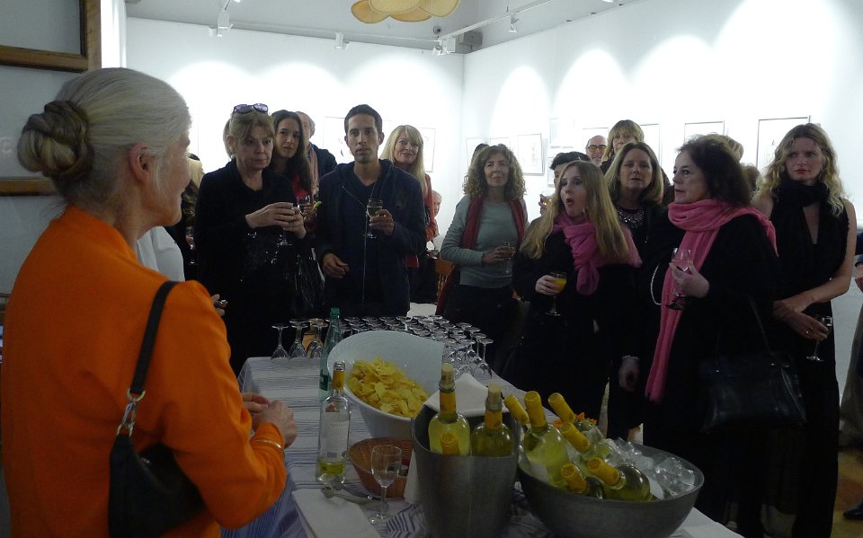 Jeannine Cook welcoming guests to "Pensando en Miró :Drawings in Silver", Sa Tafona Gallery (Image courtesy of Martin Adam, photographer)