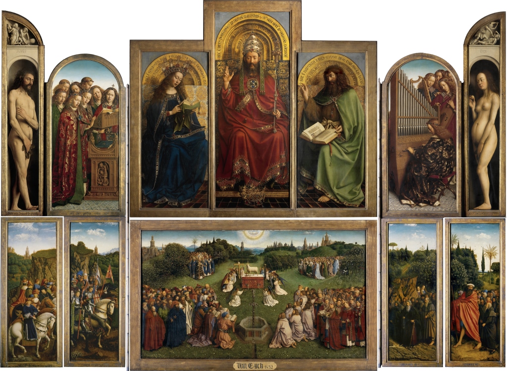 The Ghent Altarpiece, completed in 1432 by Jan van Eyck. This polyptych and the Turin-Milan Hours are generally seen as the first major works of the Early Netherlandish period. Van Eyck included landscape details in the lower portions.