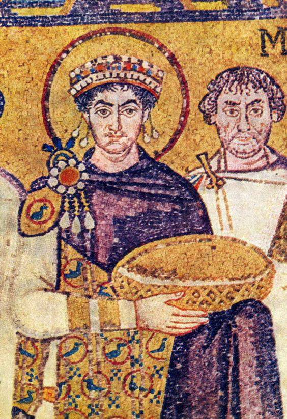 Byzantine Emperor Justinian I clad in Tyrian purple; 6th-century mosaic in the Basilica of San Vitale, Ravenna, Italy
