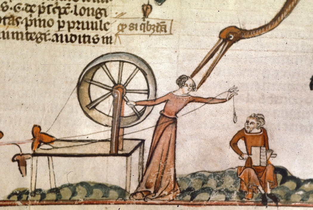 Woman at spinning wheel with man carding, Smithfield decretals, British Library Royal, c-1340