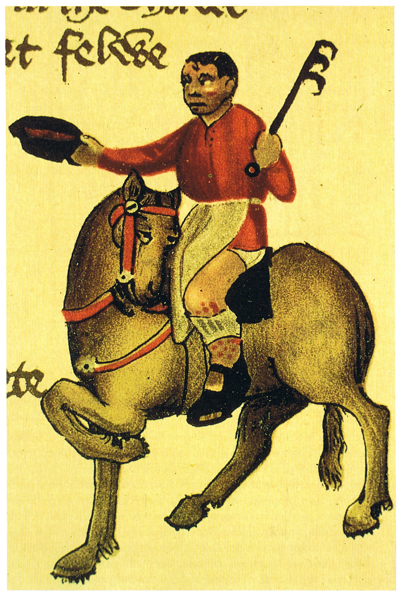 The disreputable cook from Geoffrey Chaucer's Canterbury Tales. Note the long meat hook in his left hand, one of the most common cook's tools during the Middle Ages; the Ellesmere manuscripts, c. 1410.