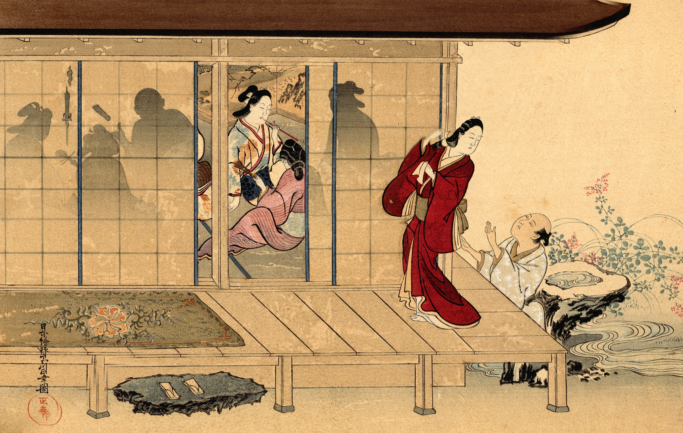 A Jollification, 1924 woodcut print, original attributed to Seiko Miyakawa
