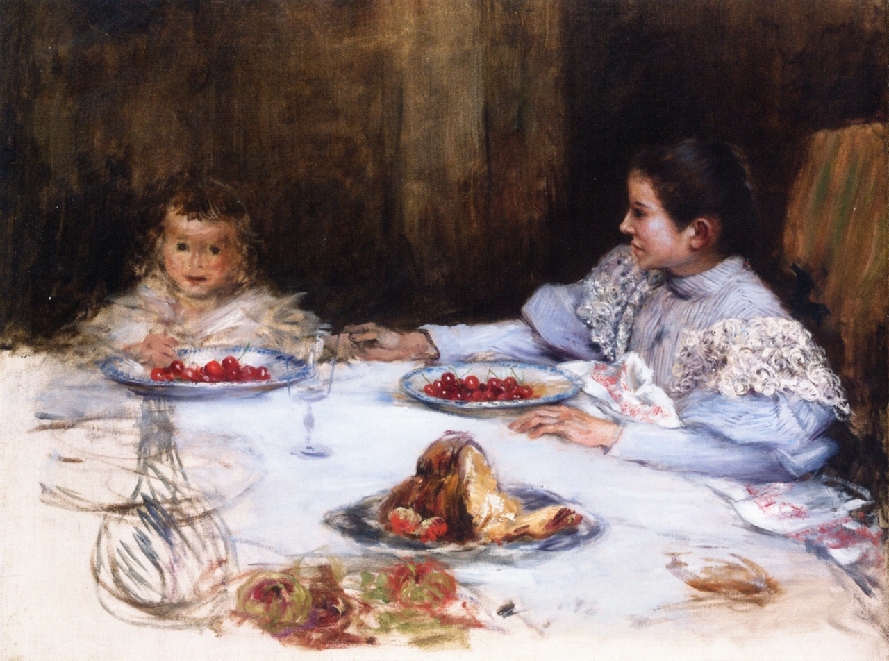 Mother and Child with cherries, oil on canvas, Norbert Goeneutte, Private collection