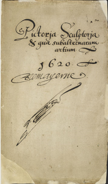 The hand-written title page of the Mayerne manuscript, 'Pictoria, sculptoria et quae subalternarum artium', England (London), 1620-1646,