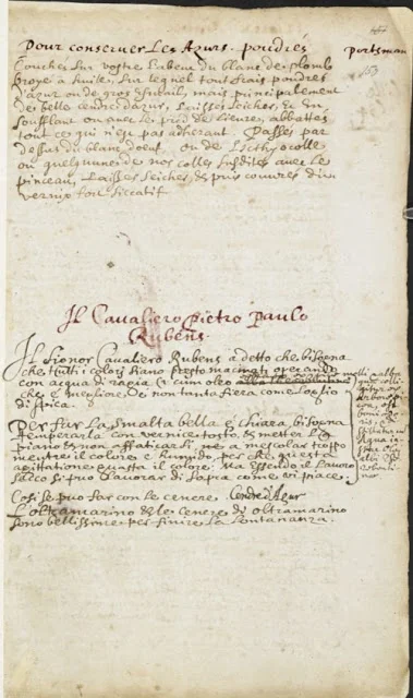 Mayerne’s notes on the mixing of colours, taken from Peter Paul Rubens while sitting for his portrait