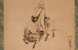 Sekkan (active 1555-1558) Monk Riding Backward on an Ox. Hanging scroll; ink on paper Image: 13 7/8 x 16 7/8 in. The Phil Berg Collection. Image courtesy of Museum Associates/LACMA