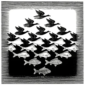 M.C. Escher’s 1938 woodcut entitled “Sky and Water 1”
