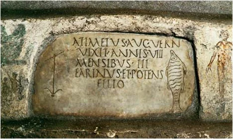 Christian Roman epitaph of Atimetus from the catacombs of St. Sebastian on the Via Appia, Rome. Inscription flanked by Christian symbols, an anchor and a fish.