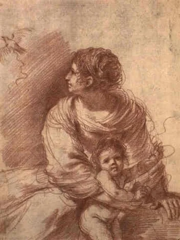Guercino (Giovanni Francesco Barbieri) , early 1630s, red chalk, Madonna and Child with an escaped goldfinch (in the Andrew W. Mellon Collection at the National Gallery of Art).