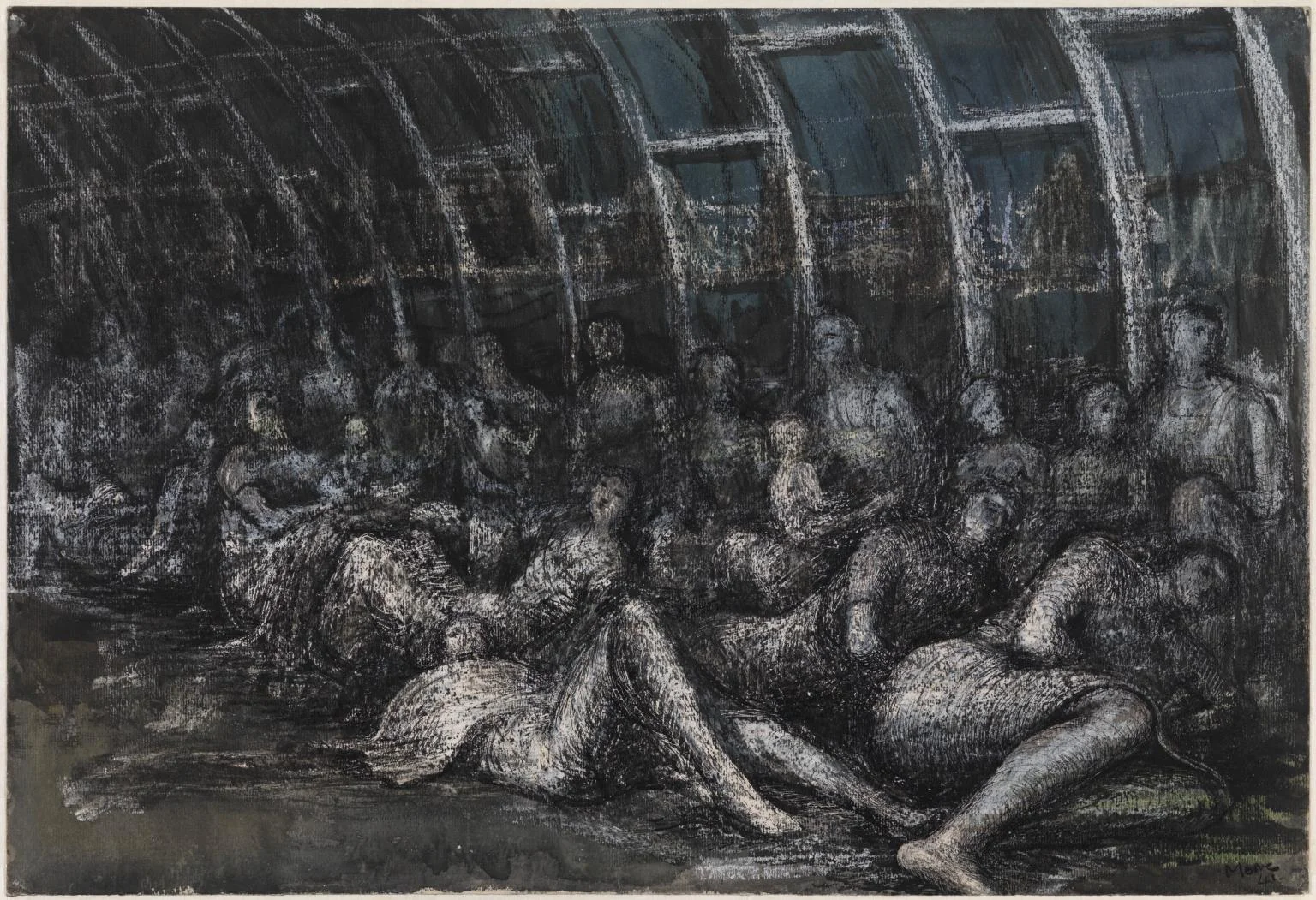 Shelterers in the Tube 1941, Graphite, ink, watercolour and crayon on paper, Henry Moore, (Image courtesy of the Tate)