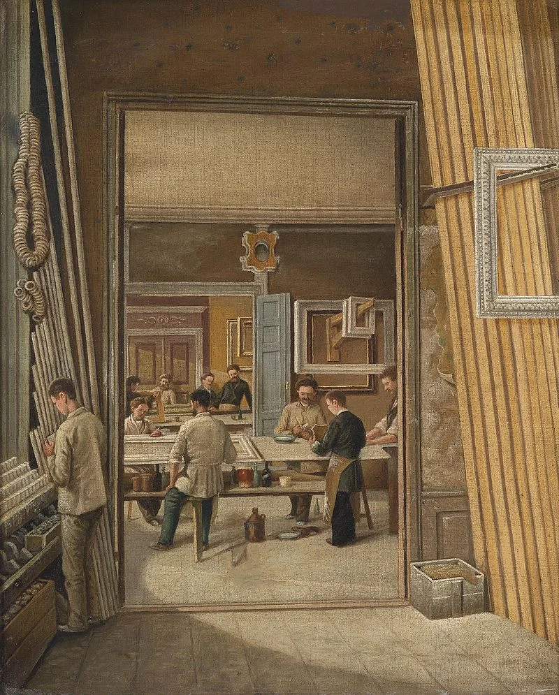 View of a frame-maker's workshop, oil on canvas, c 1900. (Image courtesy of Dorotheum)
