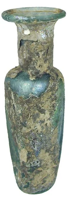 Roman glass : Miniature light green glass bottle with a rectangular shaped body, indented base