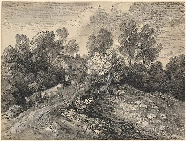 Hilly Landscape with Cows on the Road, circa 1780, black chalk with smudging, white chalk applied wet, on wove paper, Thomas Gainsborough (Image courtesy of the Morgan Library).. This late drawing, almost abstract and geometrical in construction, shows Gainsborough's main interest is in the overall effect of the drawing, with a decreased emphasis, at this stage in his artistic career, in depicting reality.