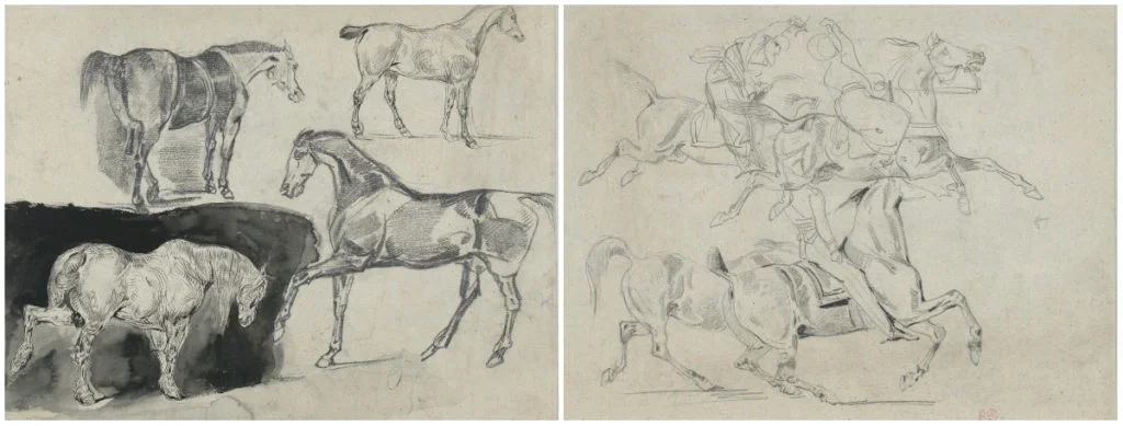 Four Studies of Horses (recto); Four Studies of Galloping Horses and Riders (verso). Eugène Delacroix (French, 1798–1863). Pen and ink, brush and black wash (recto); graphite (verso), 1824–25. (Images courtesy of the Metropolitan Museum, New York)