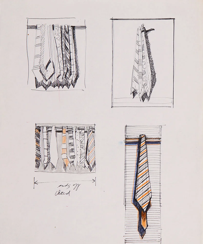Page of Sketches with Ties, 1960s–70s, pen and ink and pastel, From the artist’s studio, Wayne Thiebaud/Licensed by VAGA New York NY (Image courtesy of the Morgan Library, New York)